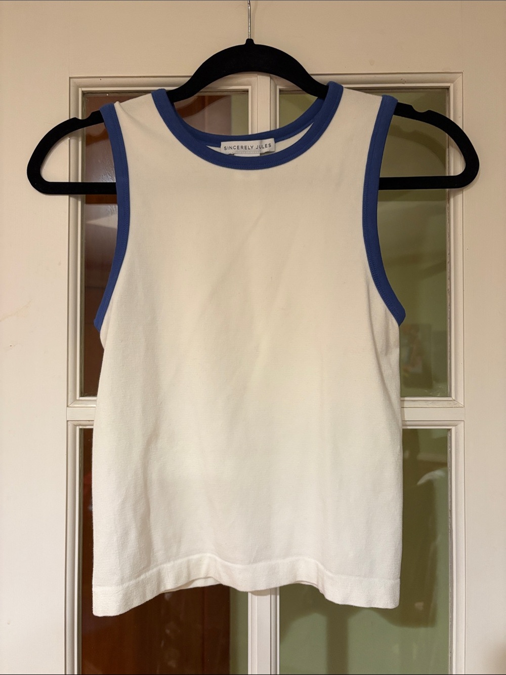 Sincerely Jules White Tank with Royal Blue Trim